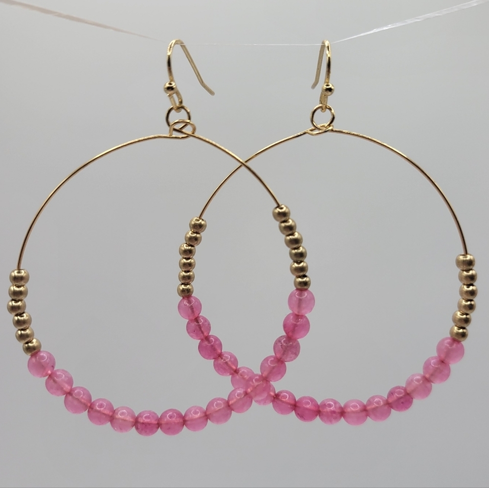 New Beaded Circle Hoop Earrings 1.75" Pink Tourmaline Natural Stone Gold Plated